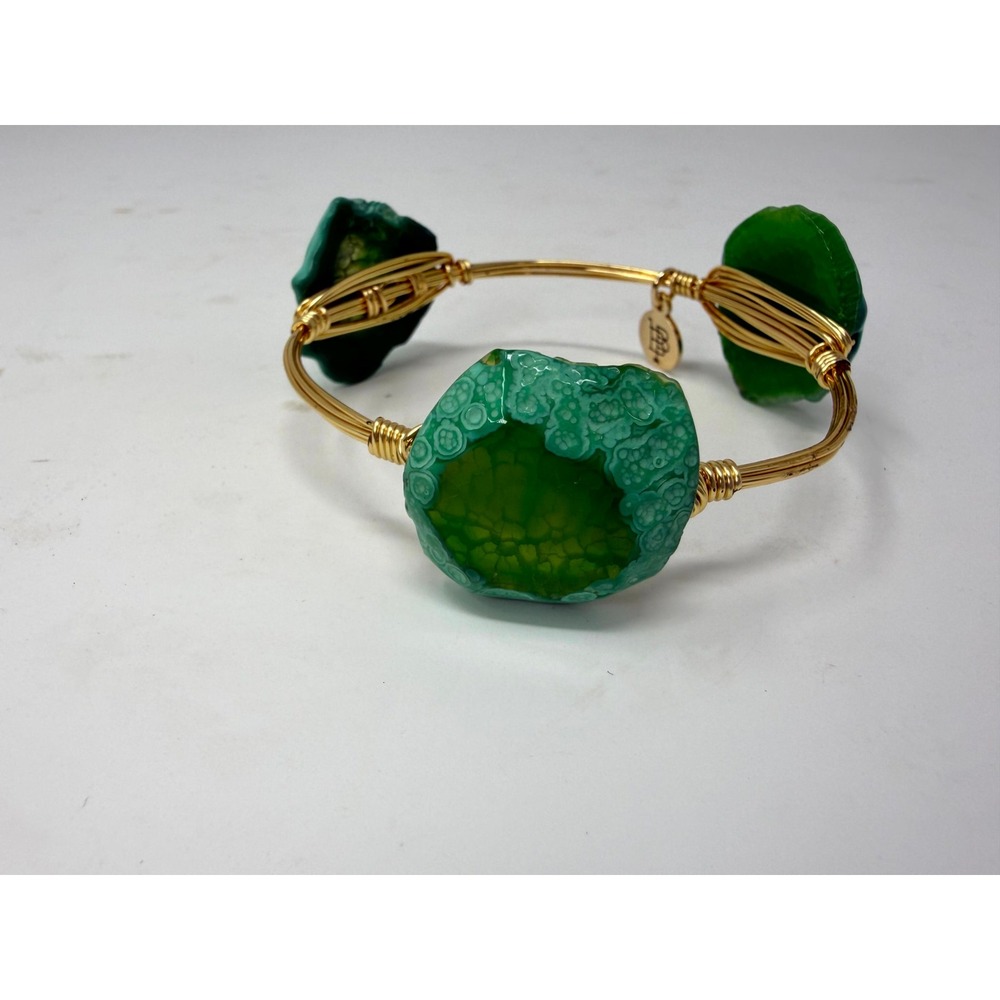 Bourbon & Boweties Green Agate Gold Wire Wrapped Bangle Bracelet Stone Trio - Picture 4 of 6